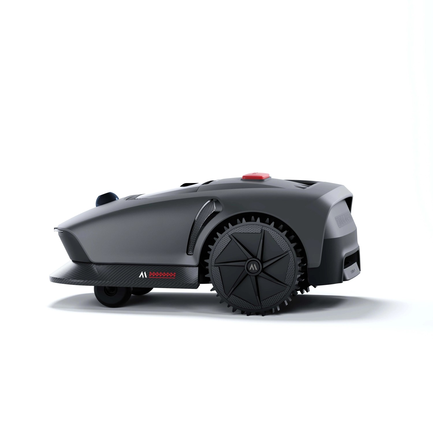 Robot tagliaerba grigio con ruote nere.