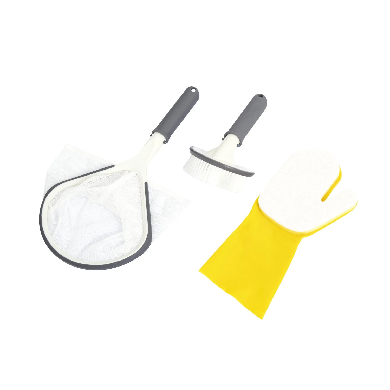 Set accessori piscina t.b.t.: retino, spazzola e guanto per la pulizia della piscina.