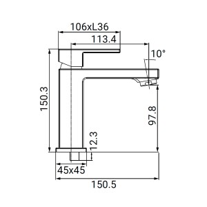 Disegno tecnico del rubinetto per lavabo t.b.t. con dimensioni.