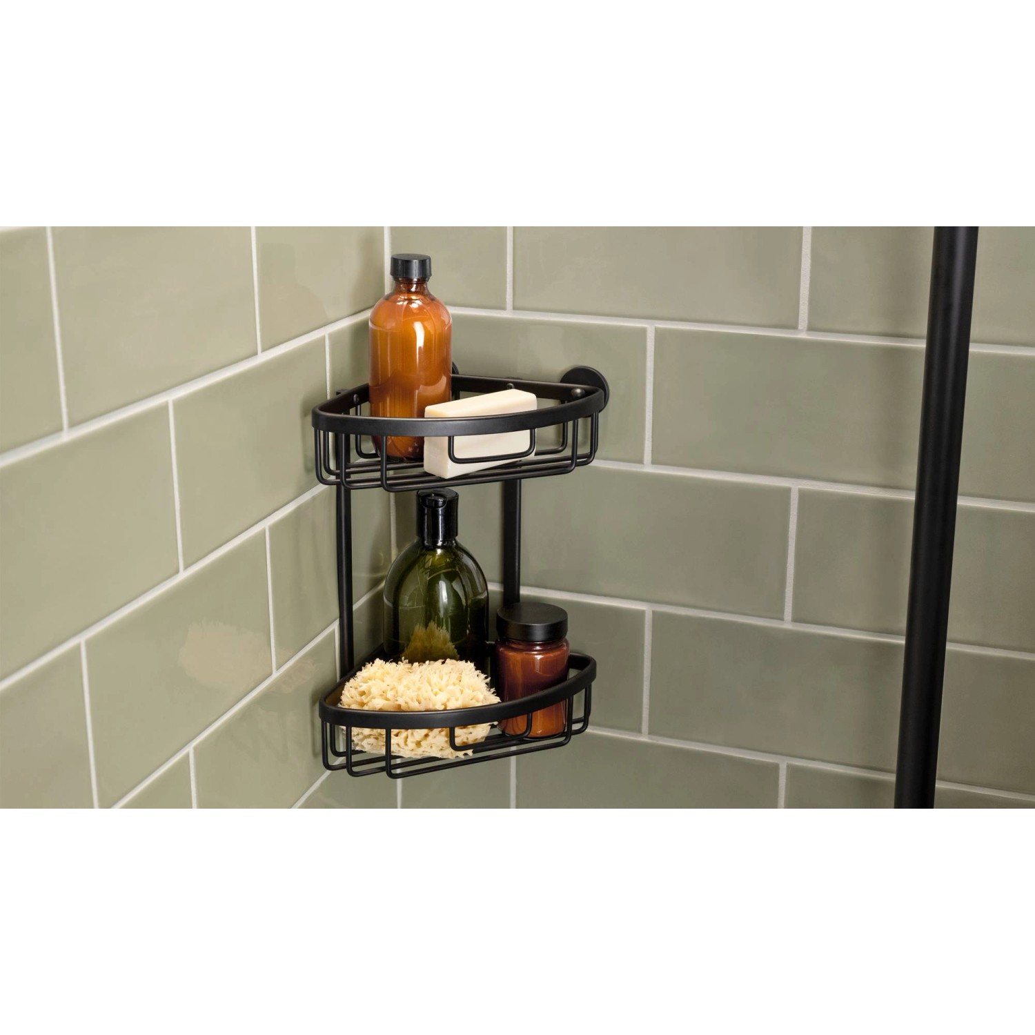 Tesa Aluxx mensola angolare doccia, a due piani, nero opaco, con accessori doccia in bagno.