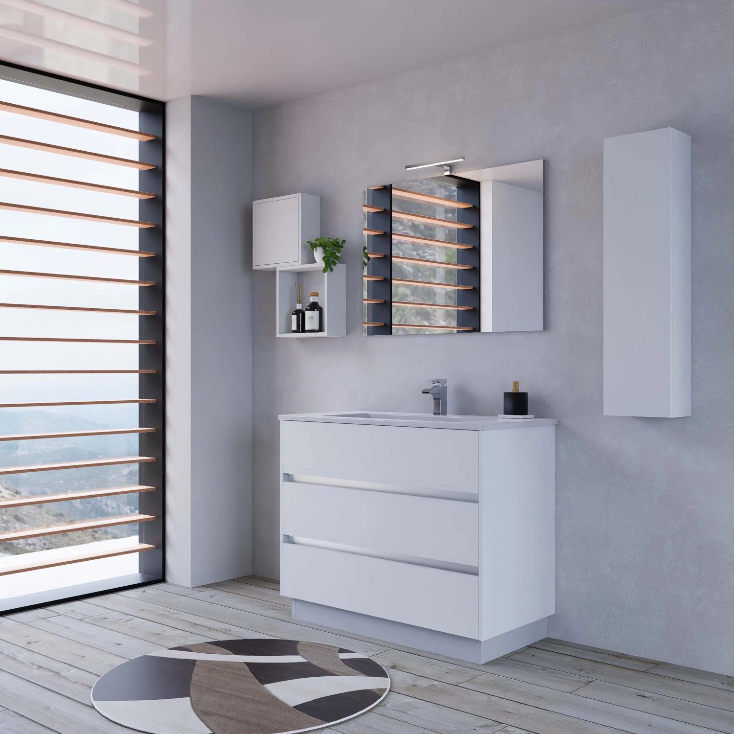 Moderno set di mobili da bagno bianchi con mobile lavabo, specchiera e pensile.