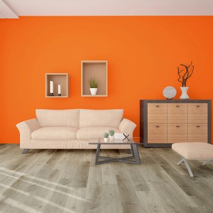 Soggiorno con pavimento vinilico a click Eiche Trend con isolamento acustico integrato effetto legno.