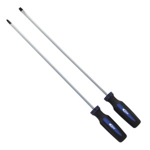 Set di due cacciaviti a taglio con manico blu e nero.