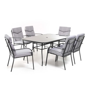 Set di mobili da giardino grigio con tavolo e 6 sedie per giardino o patio.