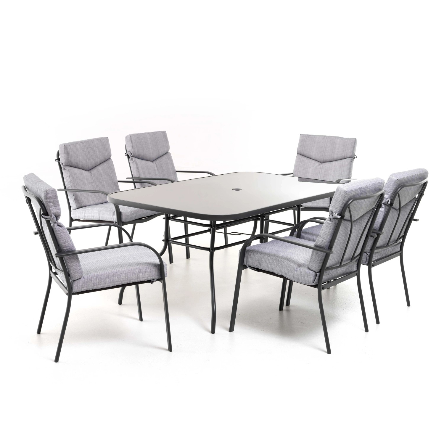 Set di mobili da giardino grigio con tavolo e 6 sedie per giardino o patio.