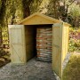 Casetta in legno Rubia chiara con doppie porte aperte in giardino, con pellet. Ideale per attrezzi.
