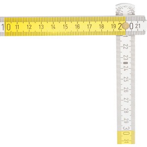 LUX Comfort metro pieghevole in legno 2 m in faggio, laccato giallo-bianco, aperto a 90 gradi.