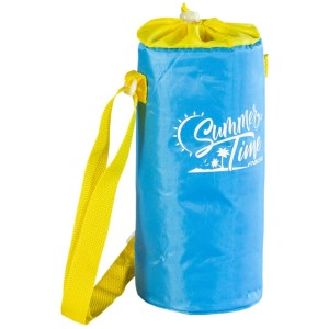 Borsa frigo blu con dettagli gialli e tracolla per campeggio e outdoor.