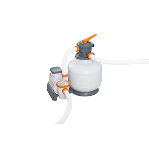 Sistema di filtro a sabbia per piscine, composto da pompa e serbatoio del filtro.