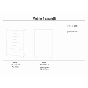Schizzo di una cassettiera a 4 cassetti, dimensioni e dettagli costruttivi.