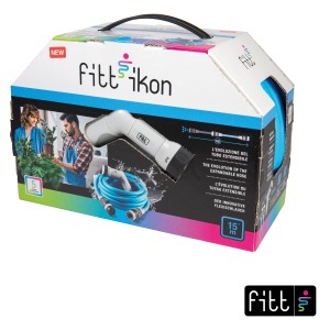 Confezione del tubo flessibile Fittikon da 15m. Tubo e testina a spruzzo visibili.