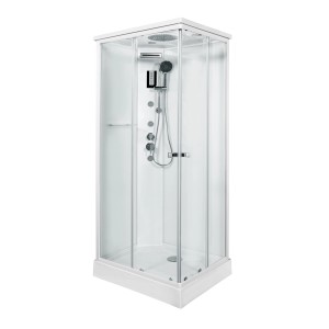 Cabina doccia t.b.t. con pareti in vetro e doccia integrata.