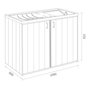 Schizzo di un mobile base Lavatoi con lavello e dimensioni.