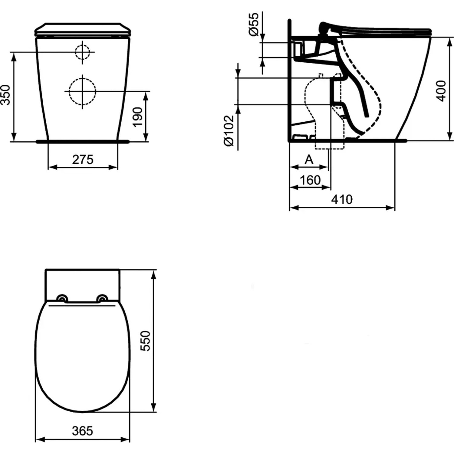 Disegno tecnico WC t.b.t. a parete con dimensioni.