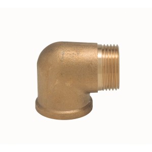 Raccordo a gomito in ottone a 90° con filettatura maschio e femmina per pompe e impianti idraulici.