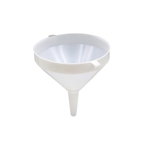 Imbuto bianco in plastica per liquidi e materiali sfusi.