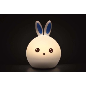 Simpatica luce notturna a forma di coniglietto, LED, bianca con orecchie blu, idea regalo.