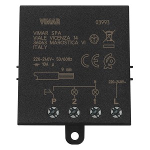 Relè nero t.b.t. con dettagli di connessione e informazioni del produttore.