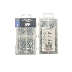 Set di dadi esagonali DIN 934, varie misure in scatola assortita.