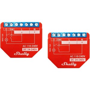 Due moduli domotici Shelly rossi con connettori blu e schema elettrico.