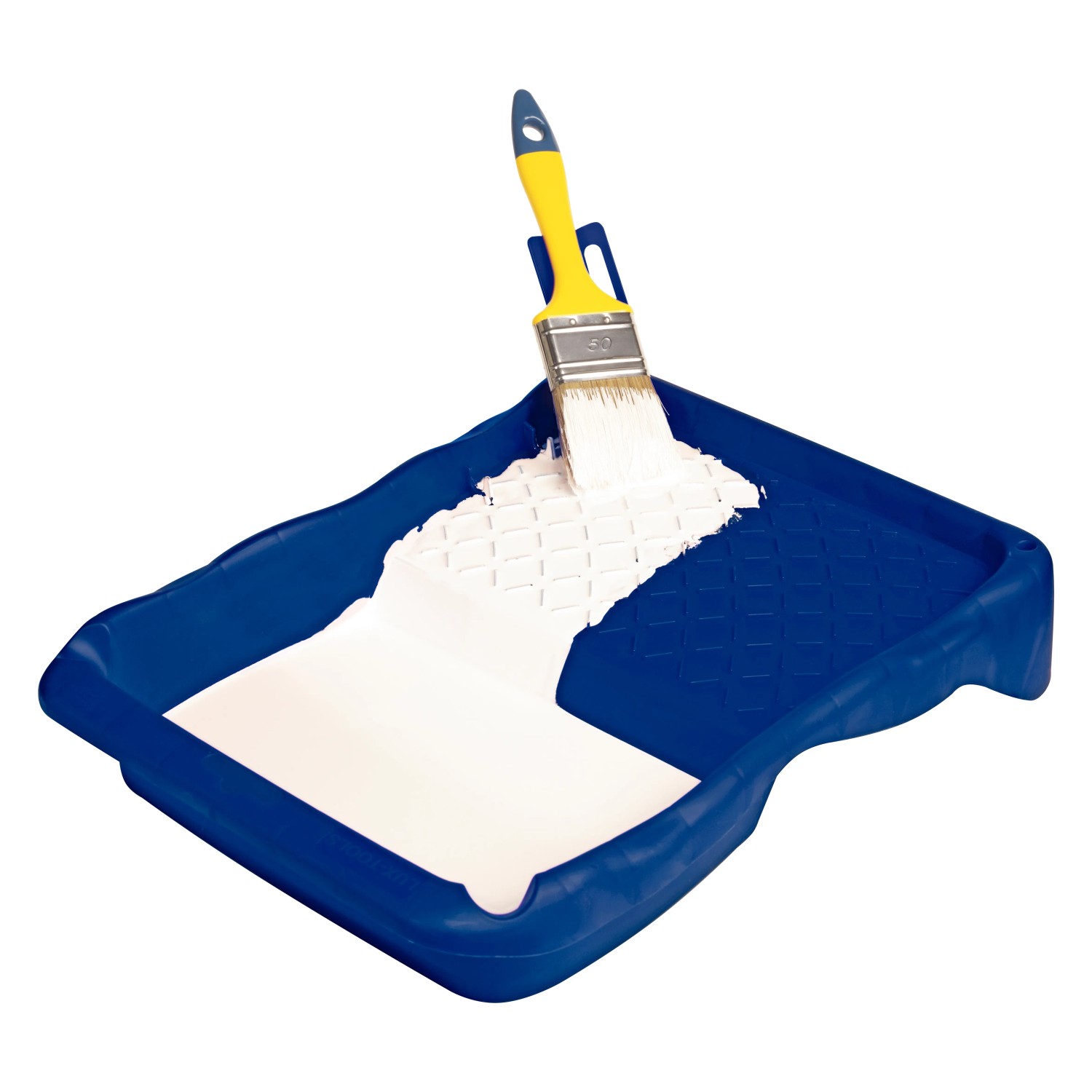 Vaschetta blu LUX (22x31cm) con pennello e pittura bianca. Accessorio pratico per dipingere.