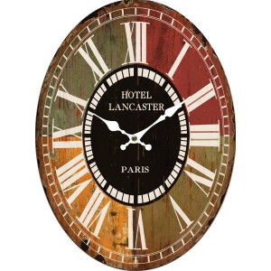 Orologio da parete ovale in stile vintage con numeri romani e scritta "Hotel Lancaster Paris".