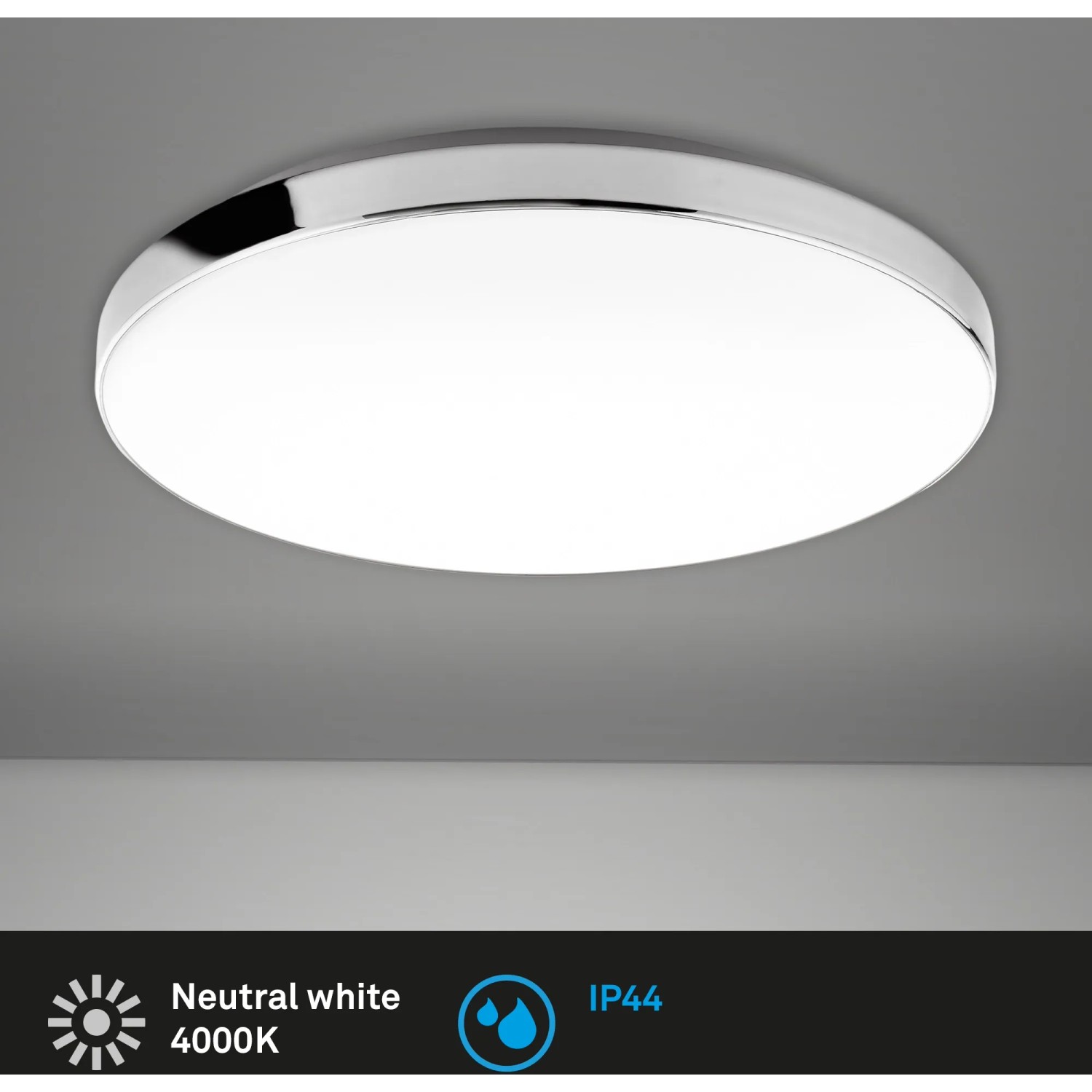 Plafoniera LED bianca Brilo Malbona con bordo cromato, Ø 35,5 cm, ideale per il bagno.