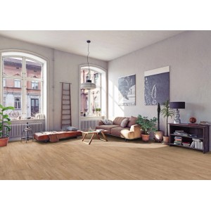 Soggiorno con pavimento laminato Kaindl Masterfloor XPT Acacia Chester Valeria effetto legno.