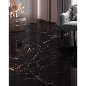Piastrelle per pavimenti nere con venature dorate in soggiorno.