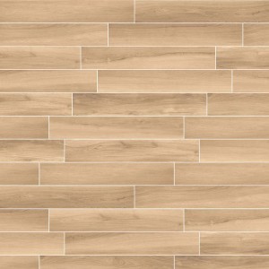 Piastrelle per pavimenti chiare effetto legno, posate in motivo rettangolare allungato.