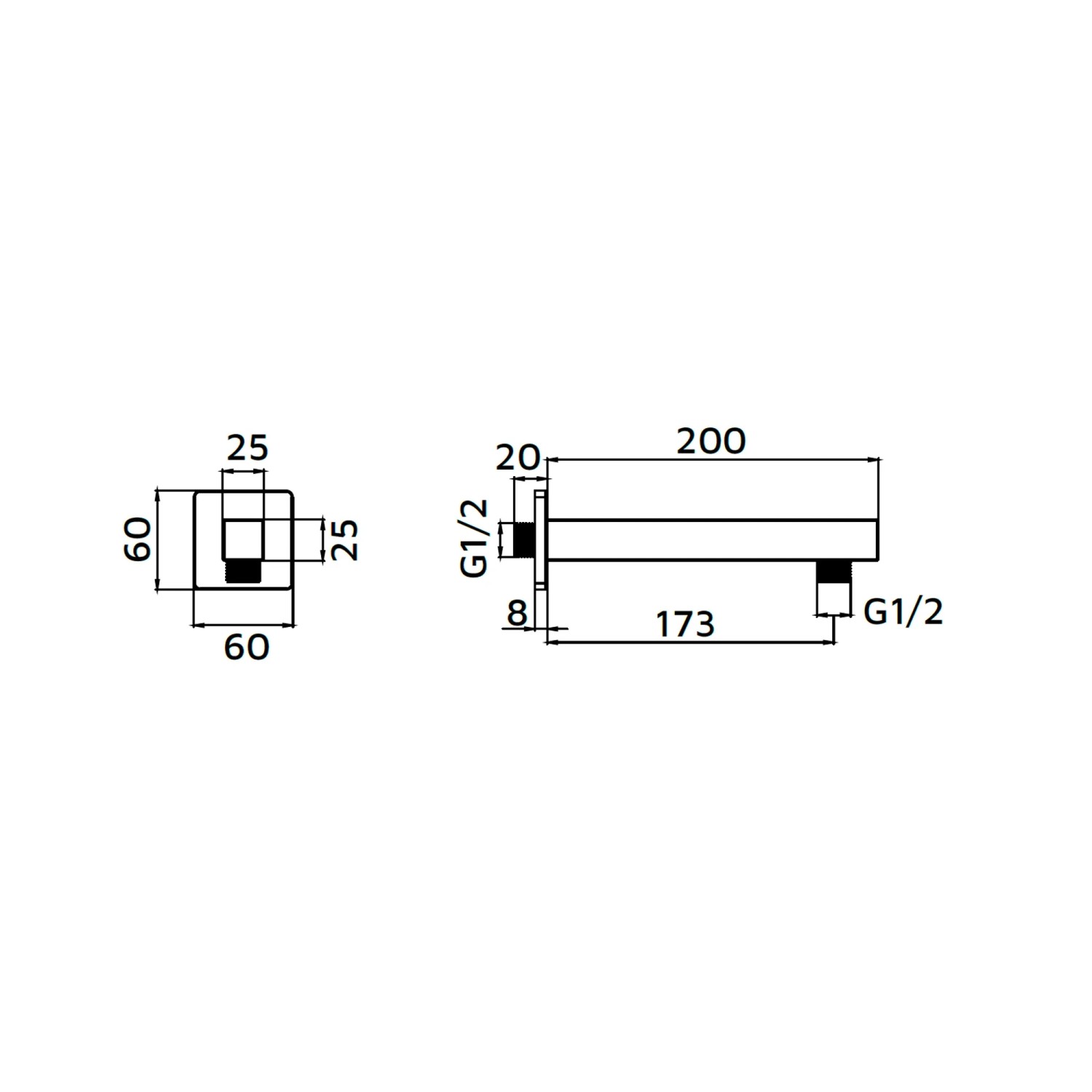 Disegno tecnico di un supporto per soffione doccia con dimensioni.