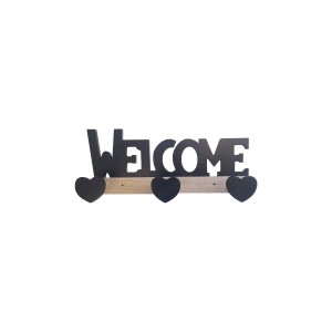 Organizzatore da parete nero "Welcome" con ganci a cuore per guardaroba o cucina.