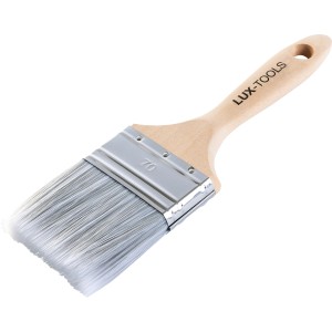 Pennello piatto LUX-TOOLS PRO per vernici, larghezza 70 mm, con manico in legno chiaro e setole grigie.