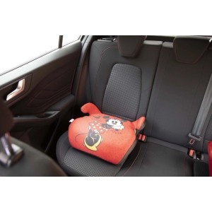 Seggiolino auto rialzato rosso t.b.t. con design Minnie Mouse per interni auto.