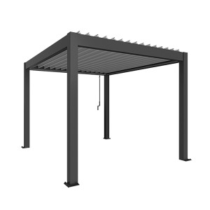 Pergola Biohort in grigio scuro/argento metallizzato: Copertura moderna per patio con lamelle e scarico acqua piovana.