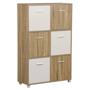 t.b.t. Mobile da soggiorno con sei scomparti in legno e bianco.