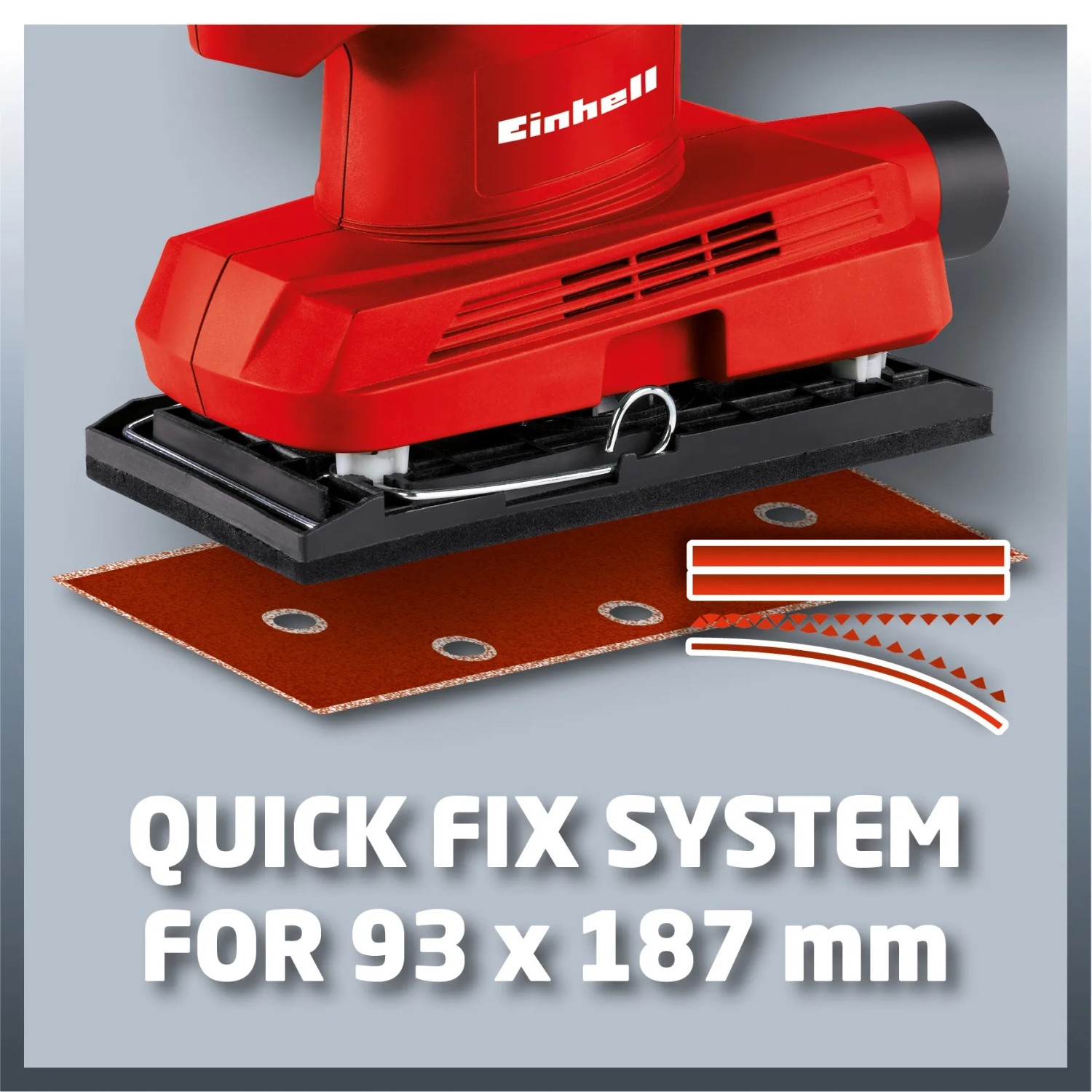 Levigatrice orbitale Einhell TC-OS 1520 con carta vetrata e fissaggio a strappo.