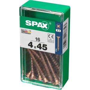Viti per legno SPAX 4x45 mm in contenitore di plastica verde.