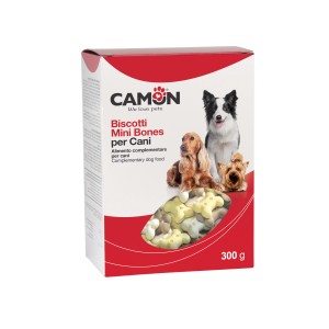 Camom Mini Bones snack per cani, forma di osso, confezione da 300g.
