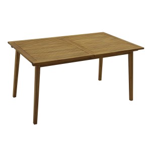 Tavolo da giardino rettangolare in legno con piano a listelli.