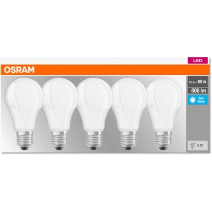 Confezione da 5 lampadine LED E27 Osram, bianco opaco, per illuminazione fredda.