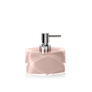 Elegante dispenser sapone con design geometrico e pompa cromata.