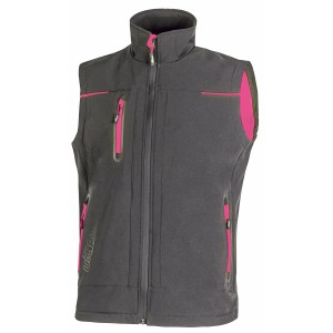 Gilet da lavoro grigio con dettagli e zip rosa.