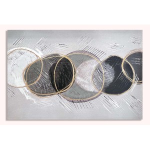 Dipinto Quadri astratto con cerchi in grigio, nero e oro.