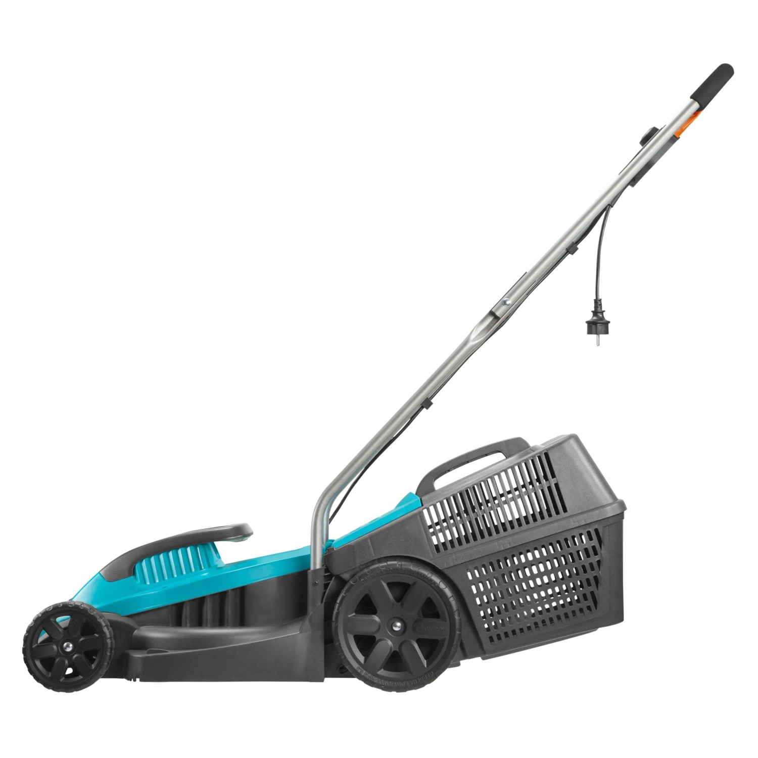 Tagliaerba elettrico turchese e grigio con cesto di raccolta.