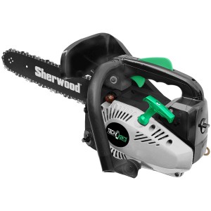 Motosega t.b.t. con catena nera e manico verde.