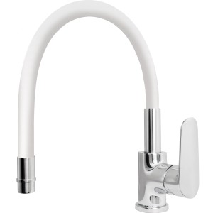 Miscelatore monocomando t.b.t. con bocca flessibile bianca e finitura cromata.