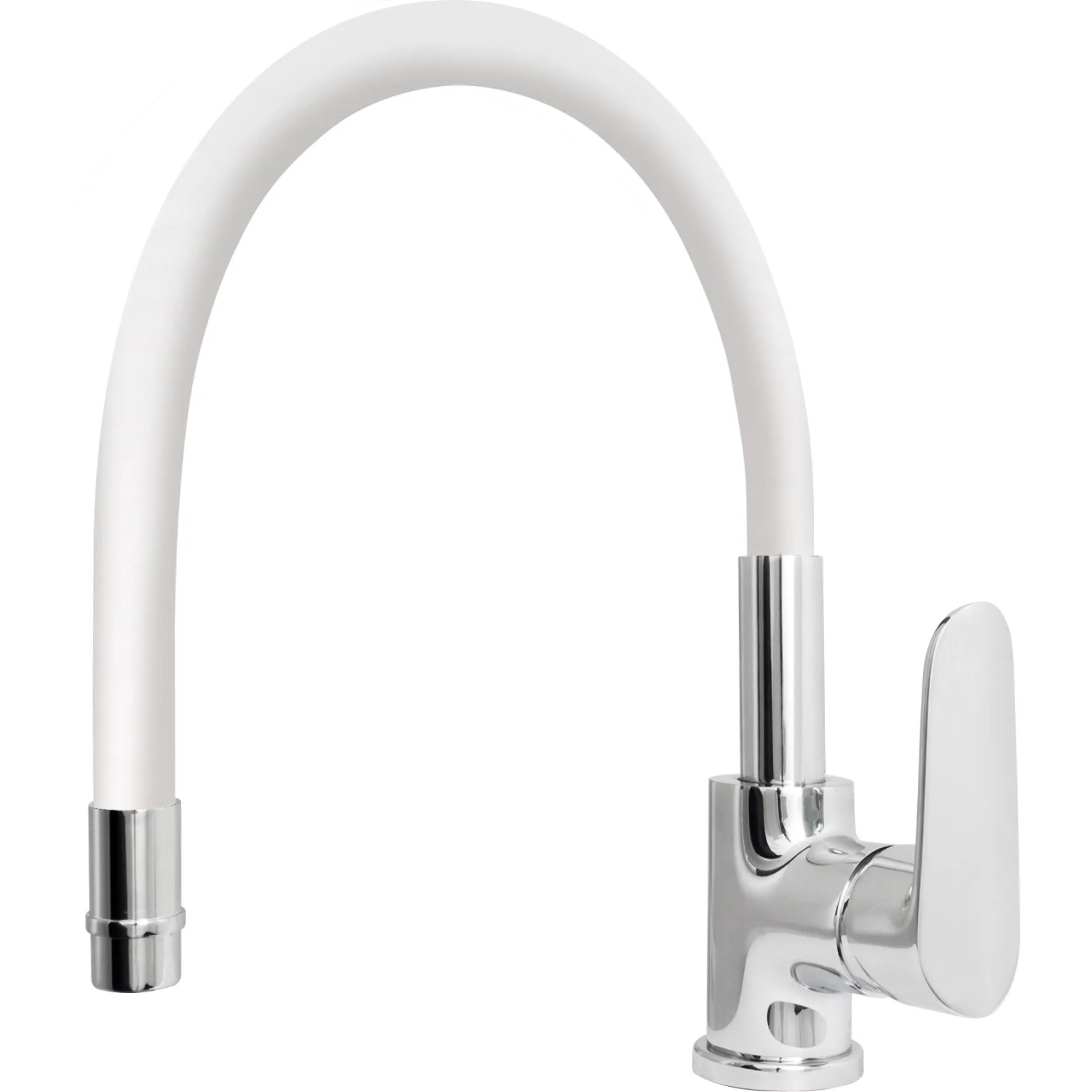 Miscelatore monocomando t.b.t. con bocca flessibile bianca e finitura cromata.