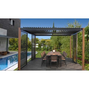 Gazebo moderno con tavolo da pranzo e sedie in giardino.