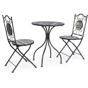 Set di mobili da giardino t.b.t. con tavolo e due sedie in metallo e legno.